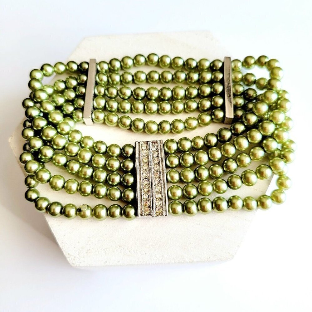 Multi Strand Glass Pearl Bracelet Rhinestone Slider Clasp Light Olive Green 7.5"